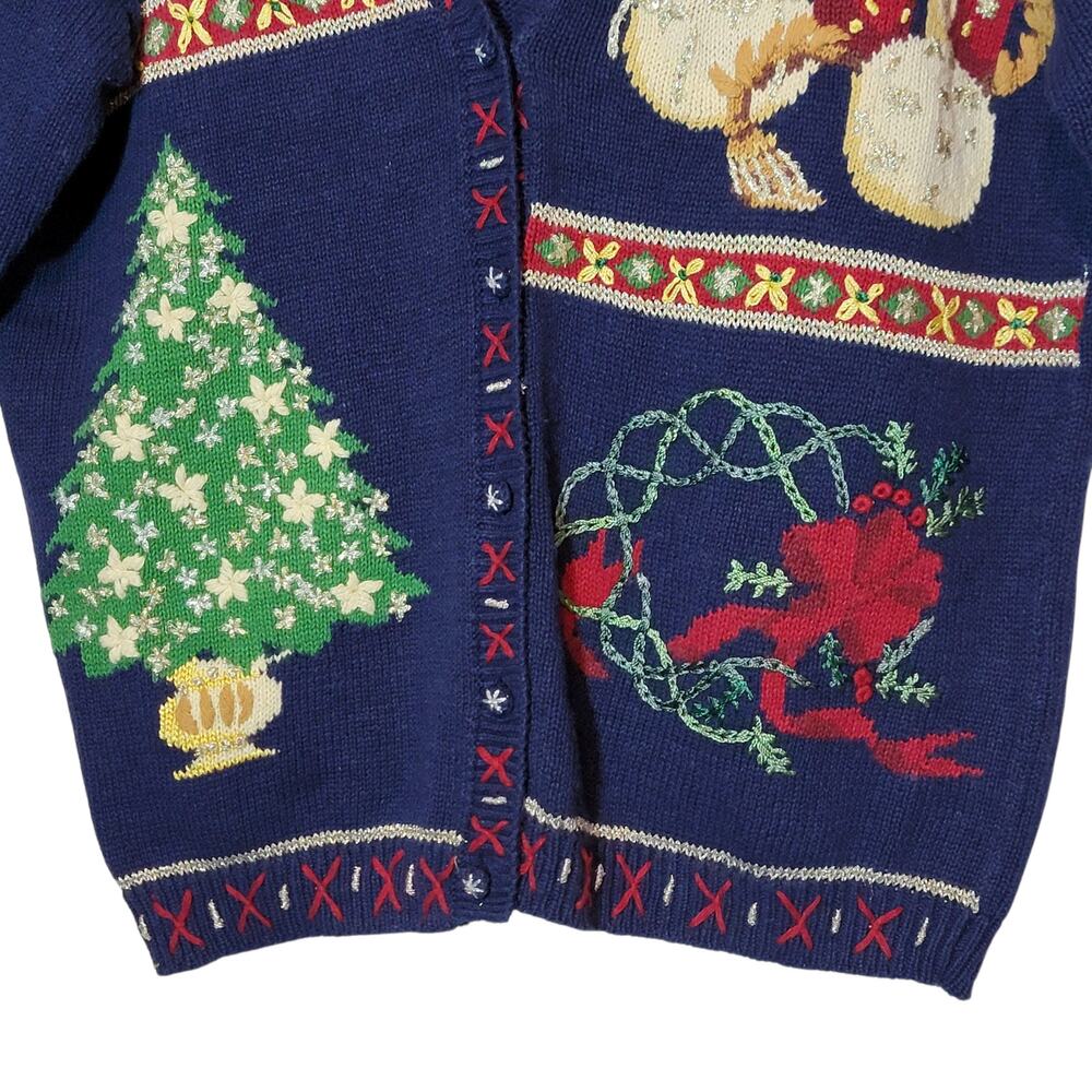 Vintage Carly St Claire Embroidered Christmas Cardigan Sweater Blue Red M Retro - Picture 6 of 11